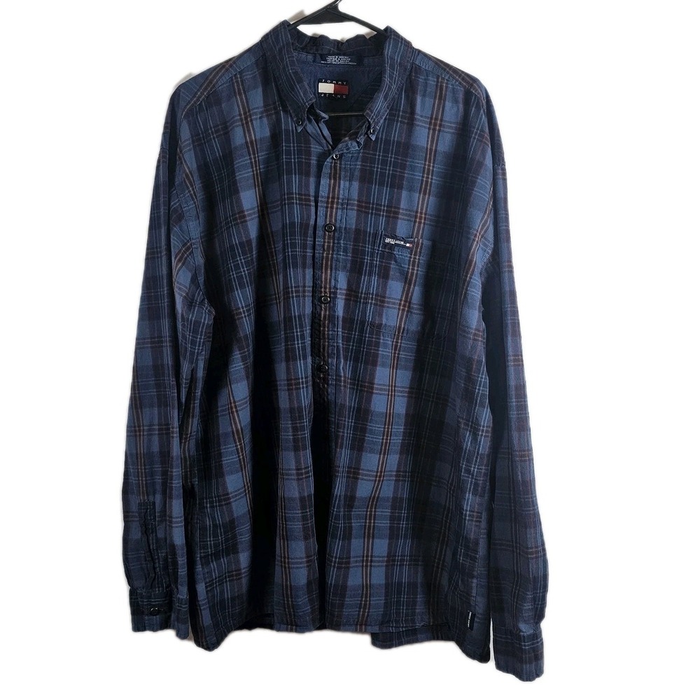 Vintage Tommy Jeans Blue Plaid  Button Down Shirt‎ Long Sleeve Mens Size XL Y2K